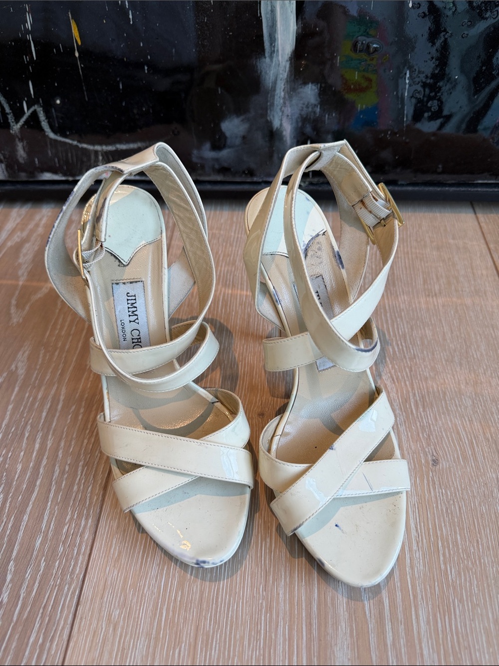 Jimmy Choo Cream Patent Leather Strappy High Heels